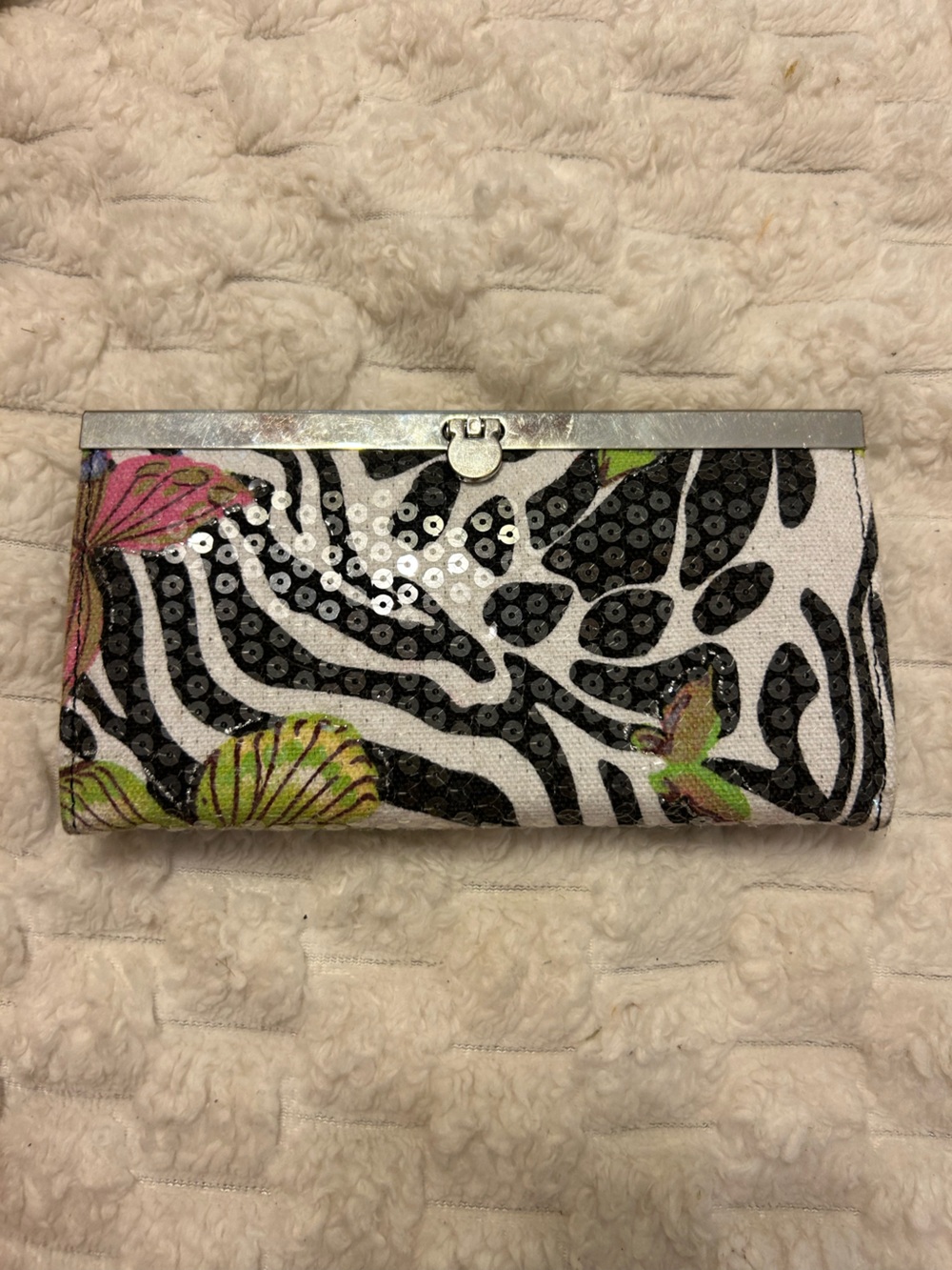 Zebra Print Sequin Frame Wallet Clutch | Black White Floral Organizer